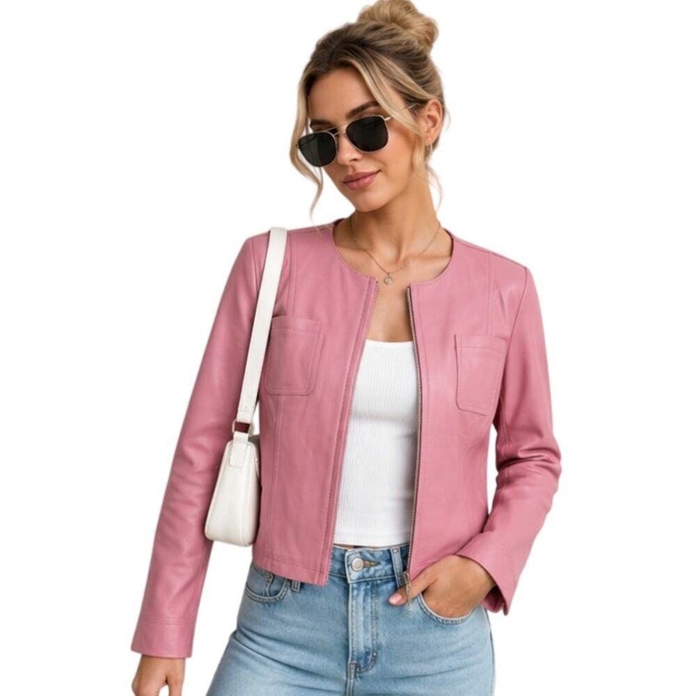 VTG Y2K Uniform John Paul Richard Pink Lamb Leather Jacket L Barbiecore